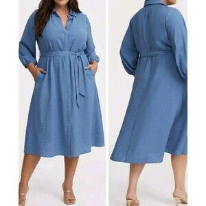 TORRID Blue Midi Shirt Dress Plus Size 2  2X 3/4 Sleeve With Belt Pockets Casual
